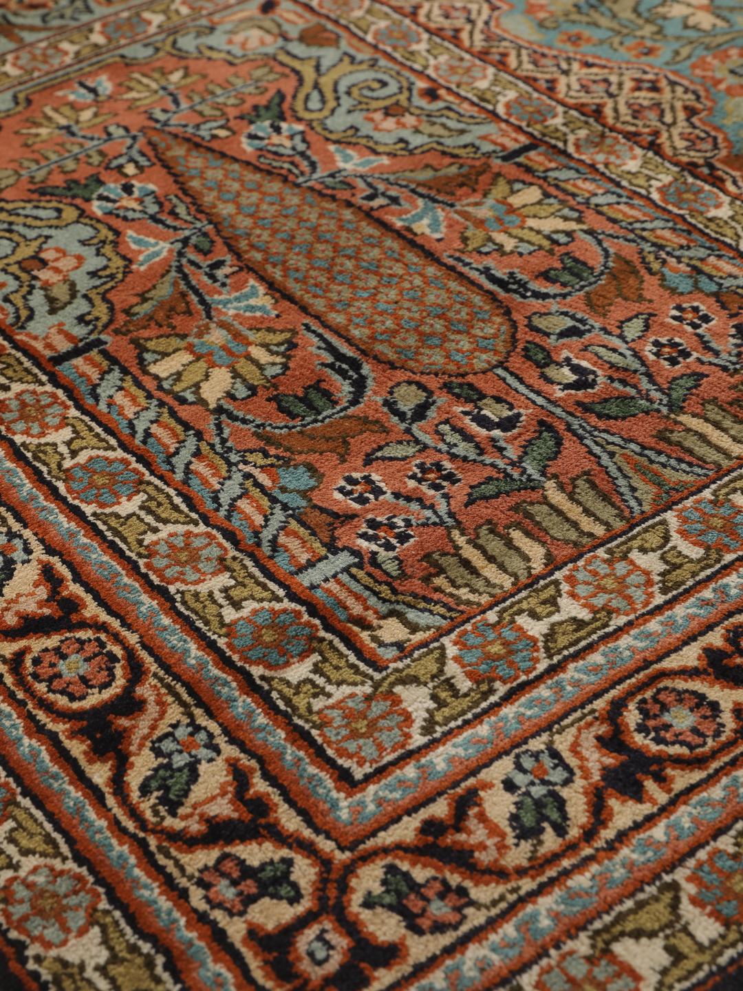 Hand-knotted Kashmir silk runner with colourful floral garden panels from India