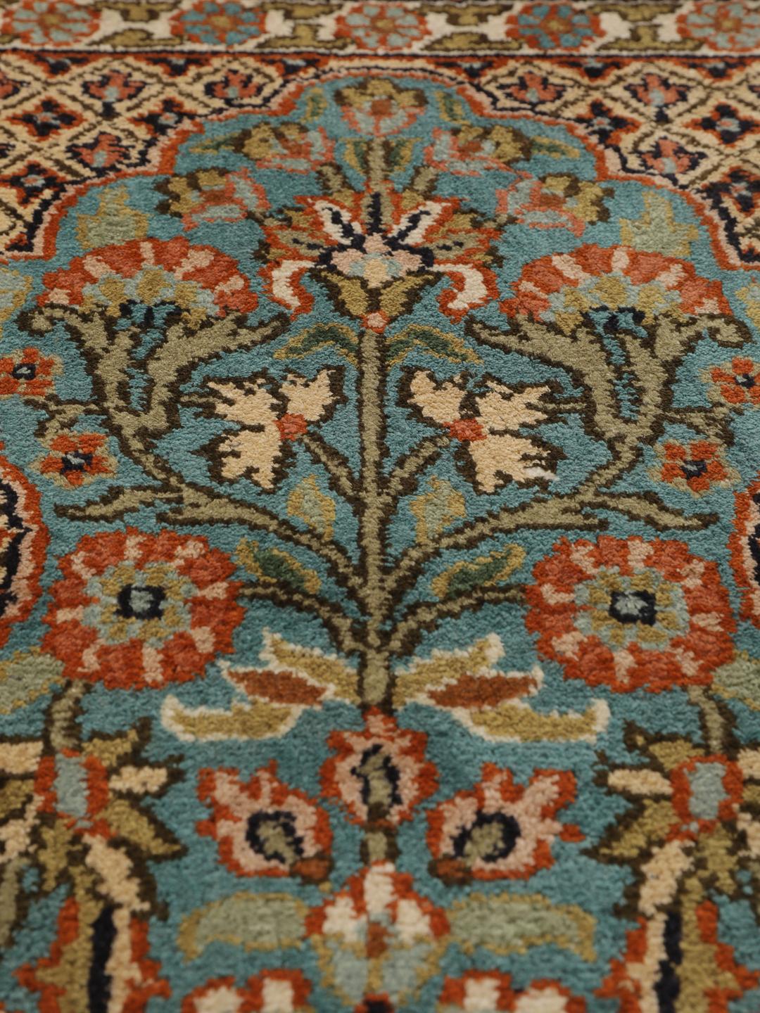 Hand-knotted Kashmir silk runner with colourful floral garden panels from India