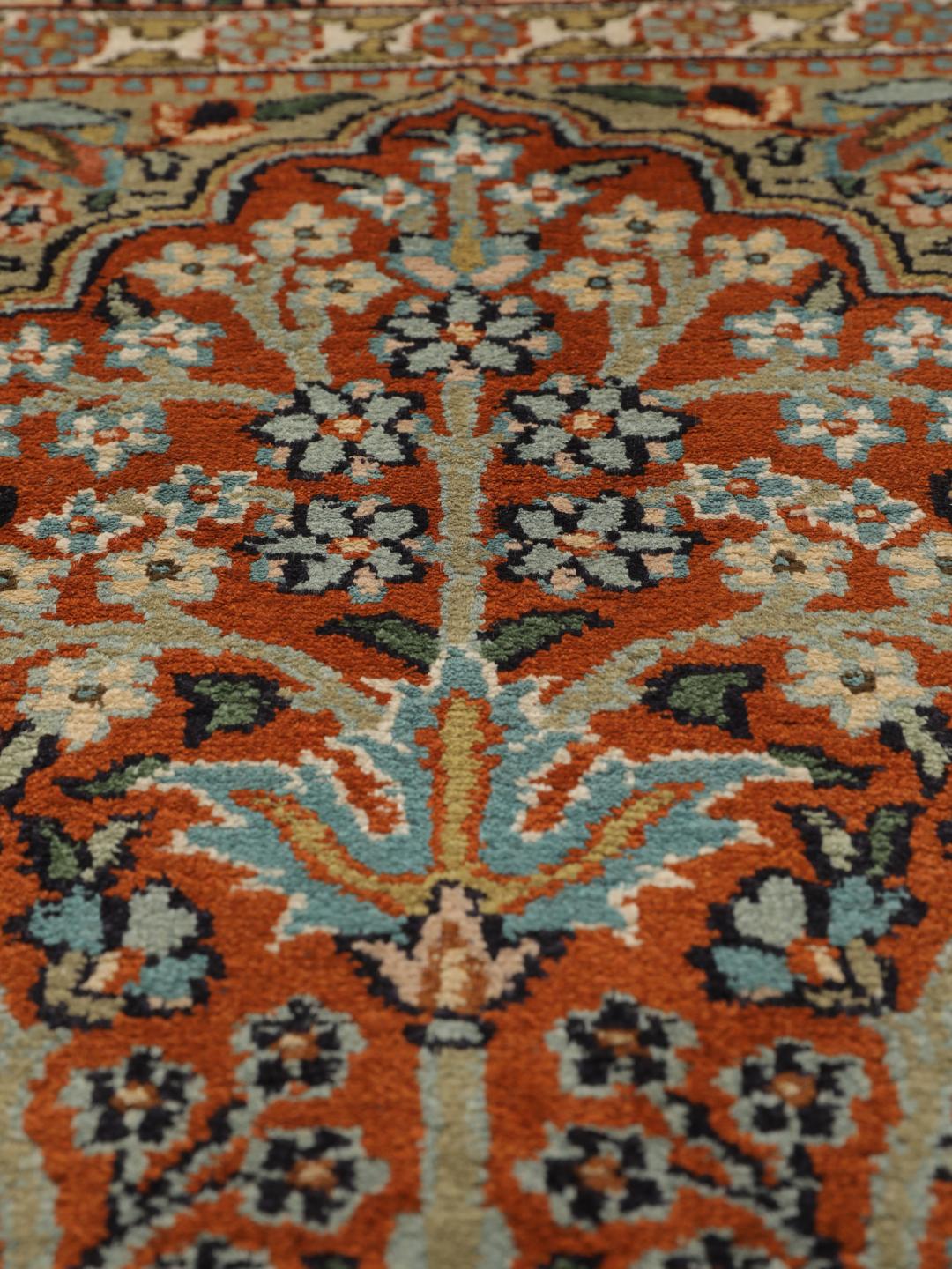 Hand-knotted Kashmir silk runner with colourful floral garden panels from India