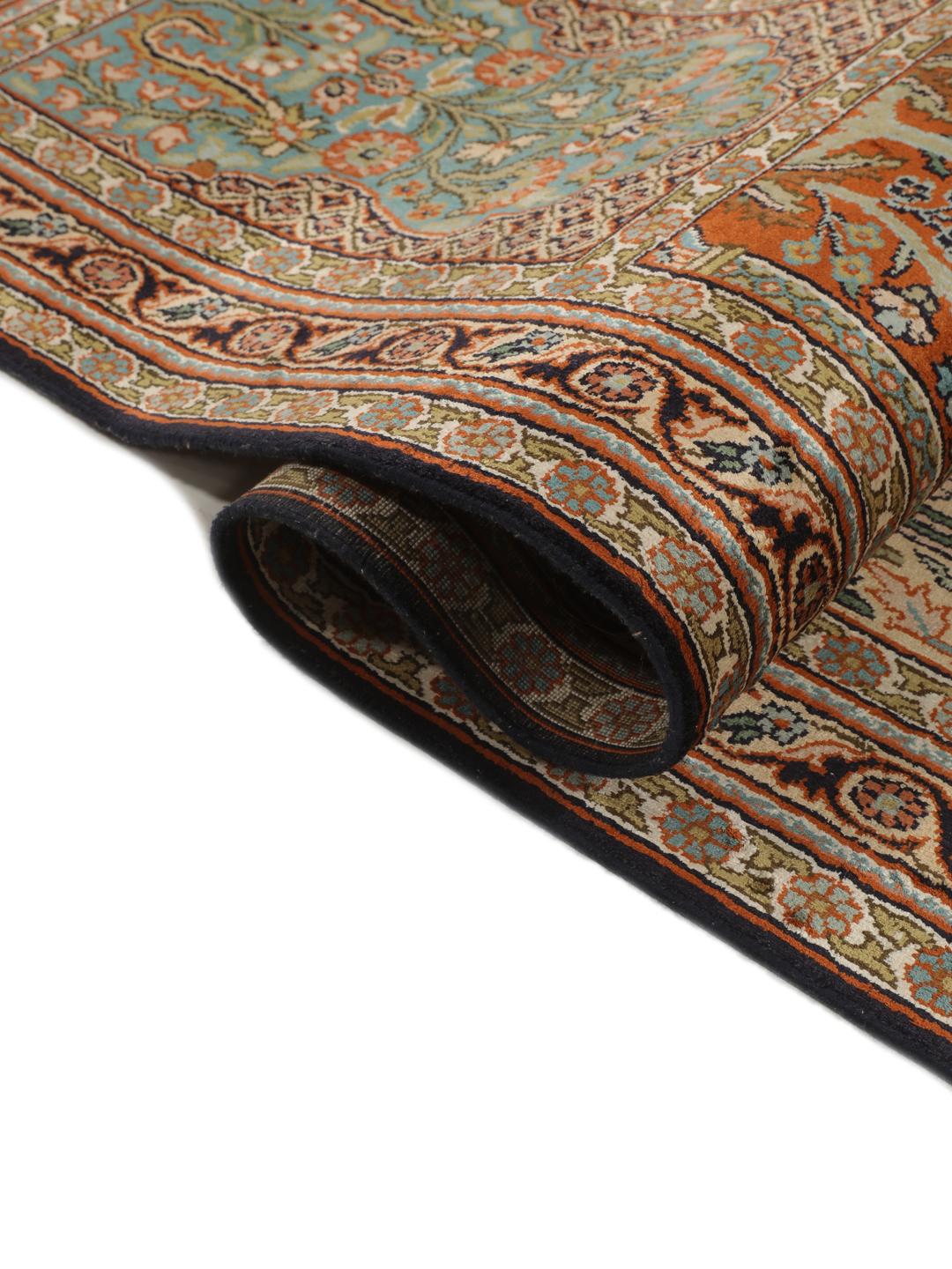 Hand-knotted Kashmir silk runner with colourful floral garden panels from India
