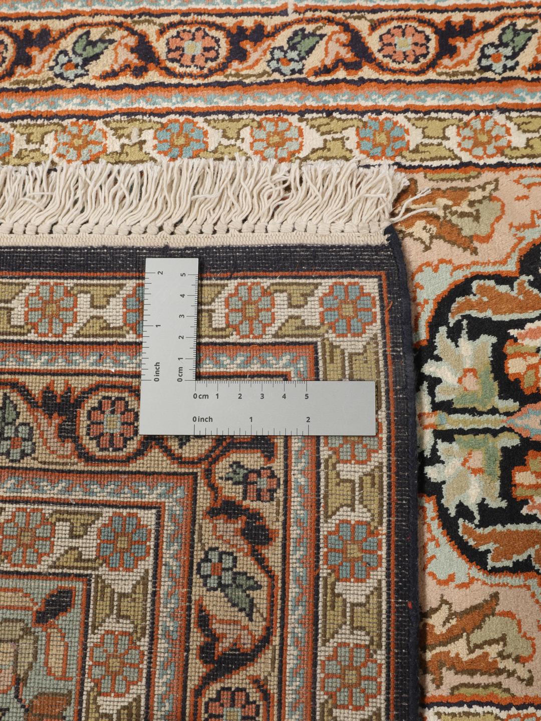 Hand-knotted Kashmir silk runner with colourful floral garden panels from India