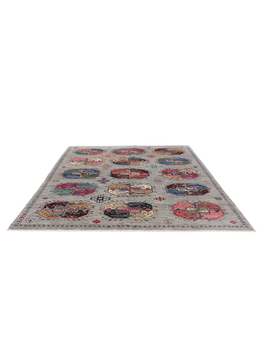 Hand-knotted Afghan rug with vibrant medallion patterns on a grey field