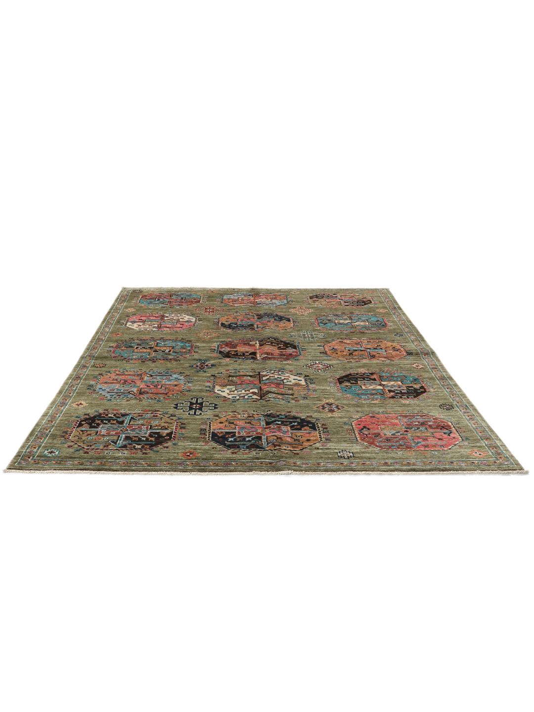 Hand-knotted Afghan rug with olive green field and multi-coloured geometric motifs.