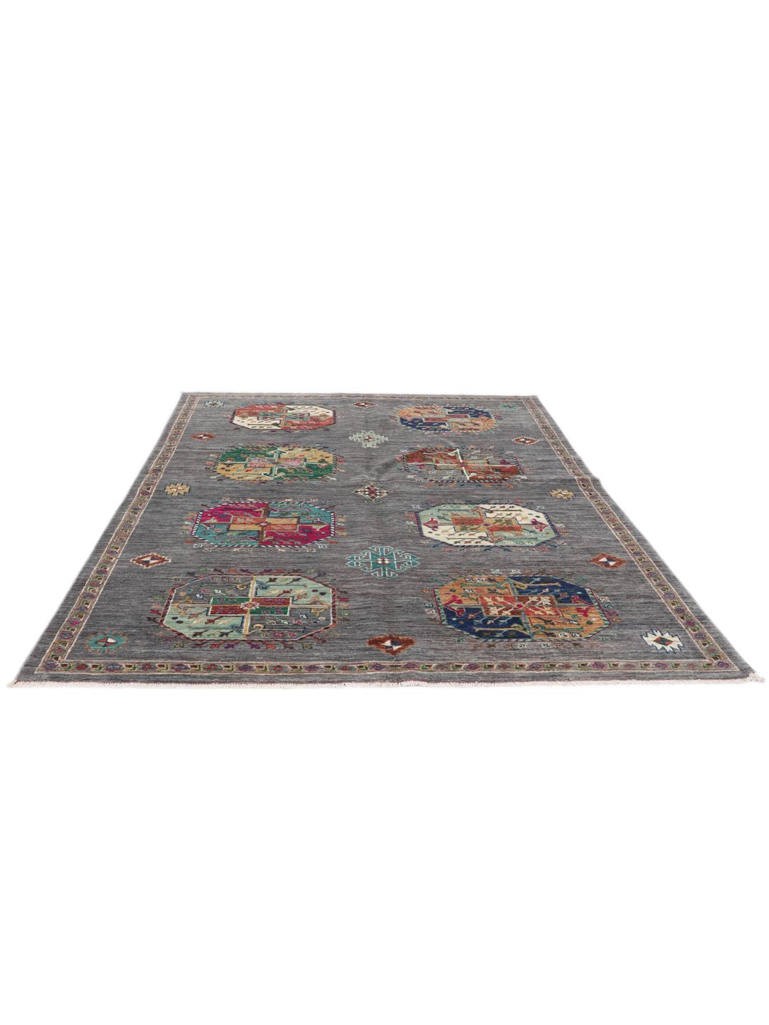 Tapis afghan noué à la main avec des médaillons géométriques vibrants sur un fond gris
