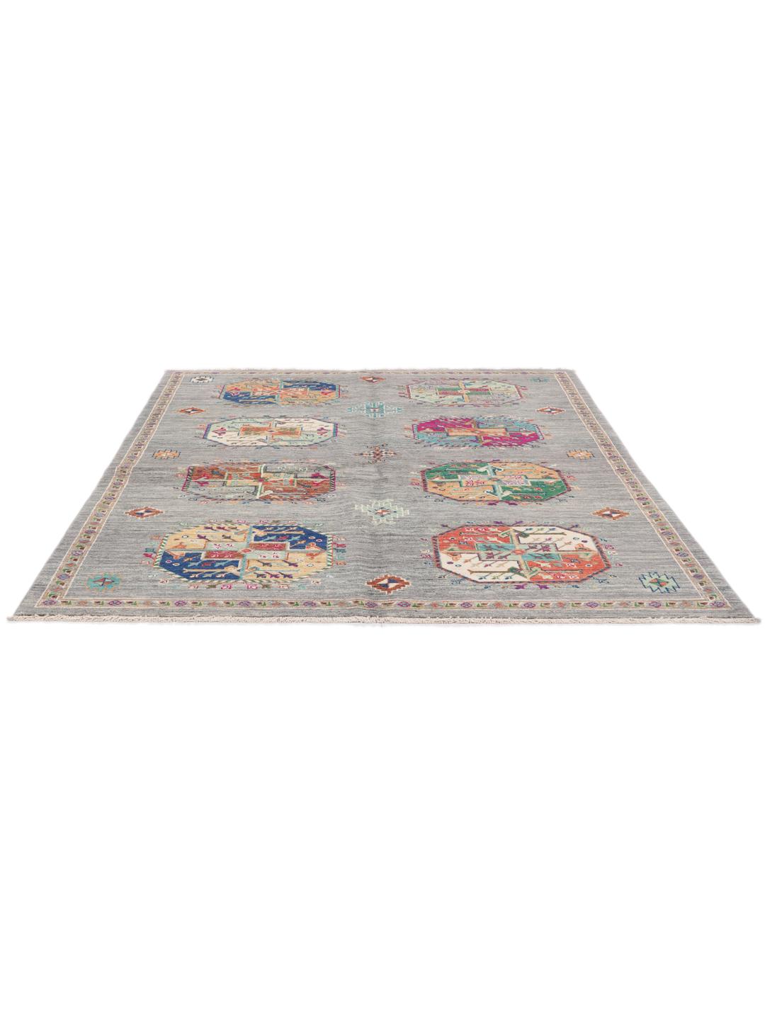 Hand-knotted Shabargan rug from the Middle East in dark-grey with vibrant geometric motifs