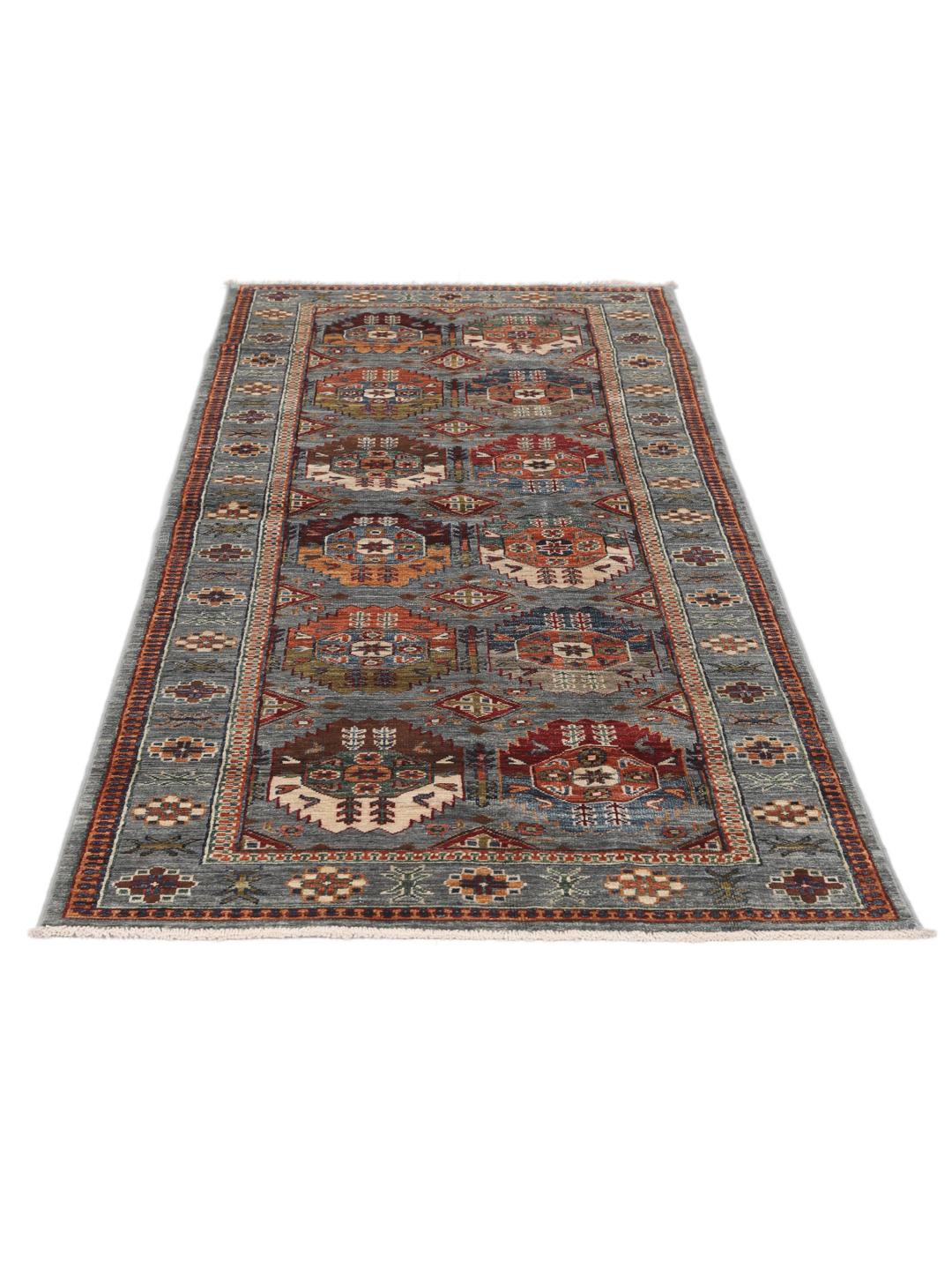 Hand-knotted runner from the Middle East in blue with geometric medallions
