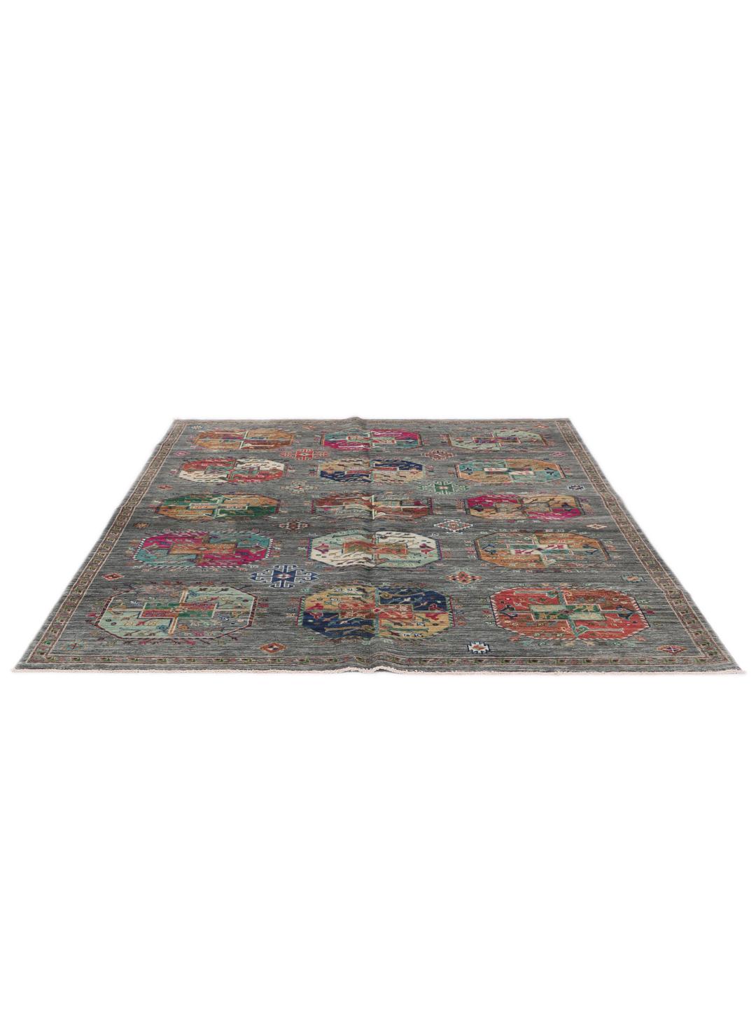 Hand-knotted Afghan rug with a grey field and colourful geometric motifs