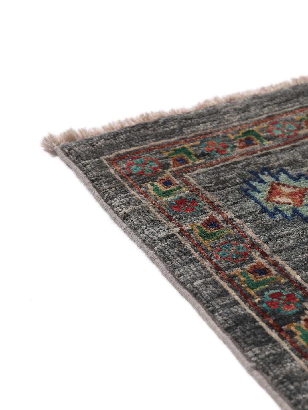 Hand-knotted Afghan rug with a grey field and colourful geometric motifs