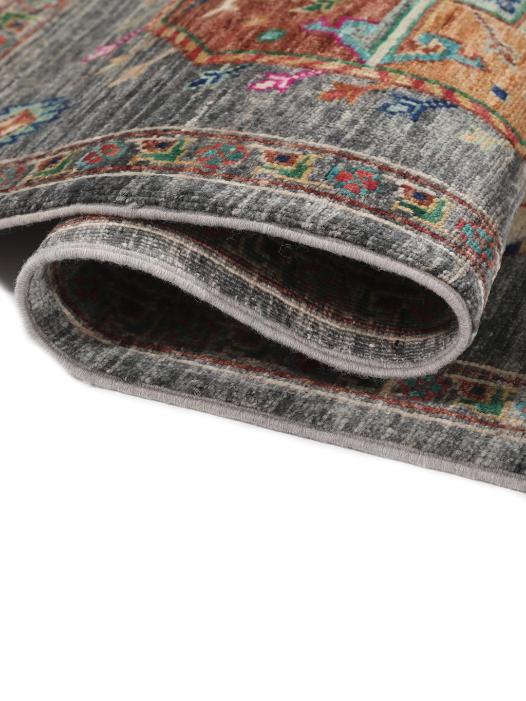 Hand-knotted Afghan rug with a grey field and colourful geometric motifs