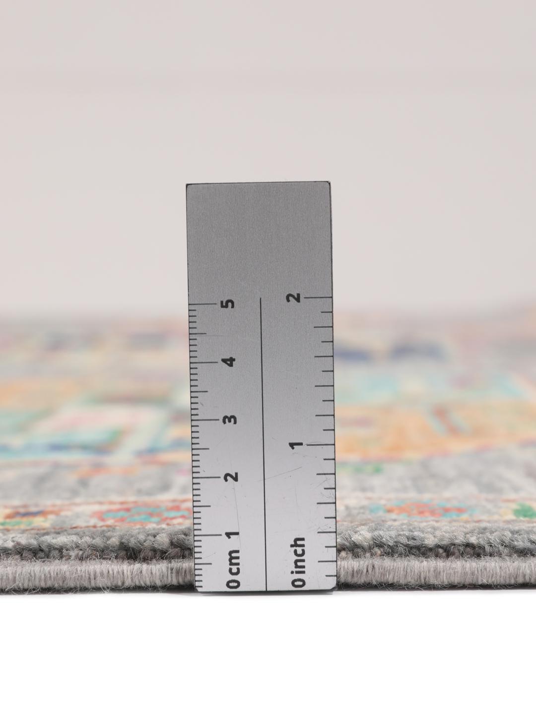 Hand-knotted Afghan rug with a grey field and colourful geometric motifs