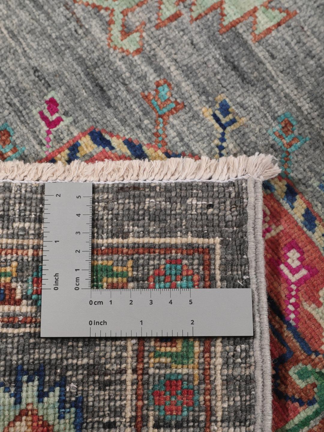 Hand-knotted Afghan rug with a grey field and colourful geometric motifs