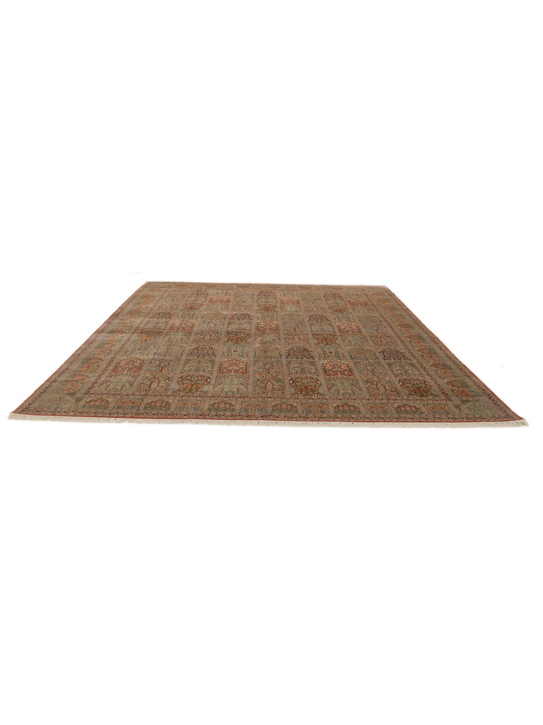 A luxurious hand-knotted Kashmir silk rug from India with an intricate beige garden panel design.