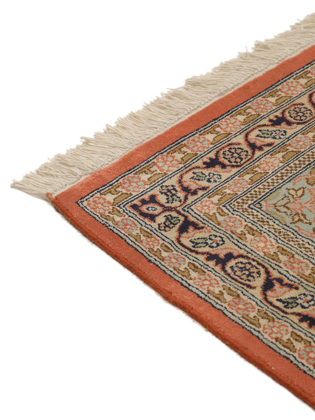 A luxurious hand-knotted Kashmir silk rug from India with an intricate beige garden panel design.