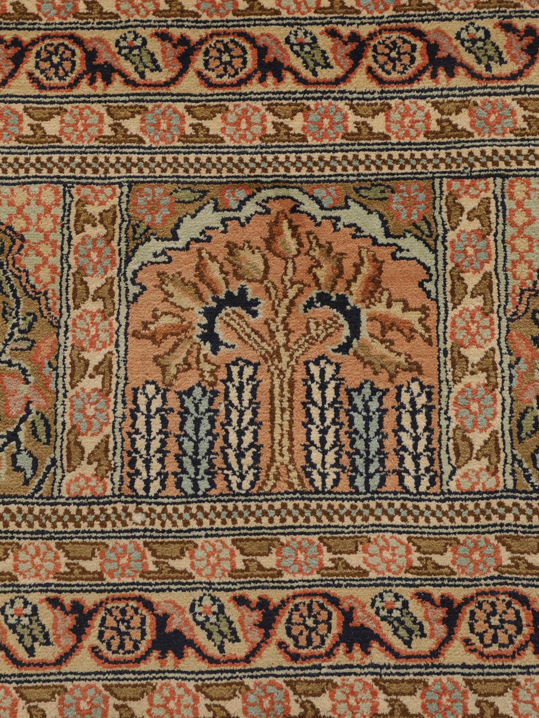 A luxurious hand-knotted Kashmir silk rug from India with an intricate beige garden panel design.