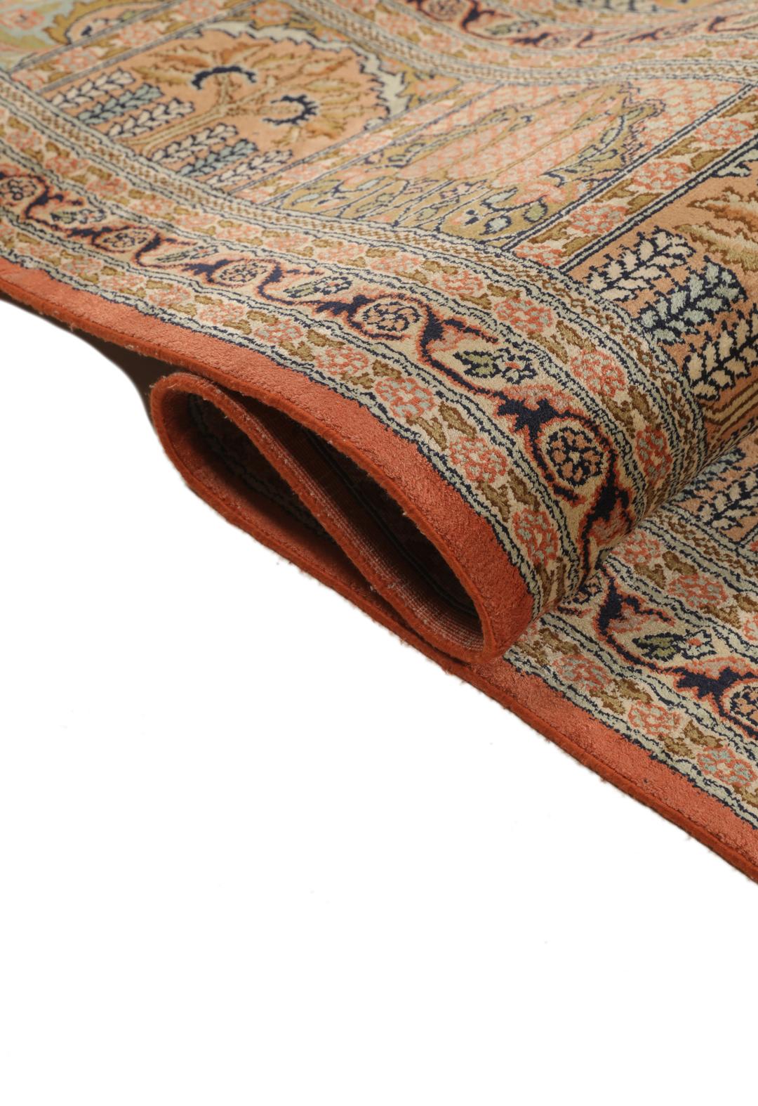 A luxurious hand-knotted Kashmir silk rug from India with an intricate beige garden panel design.