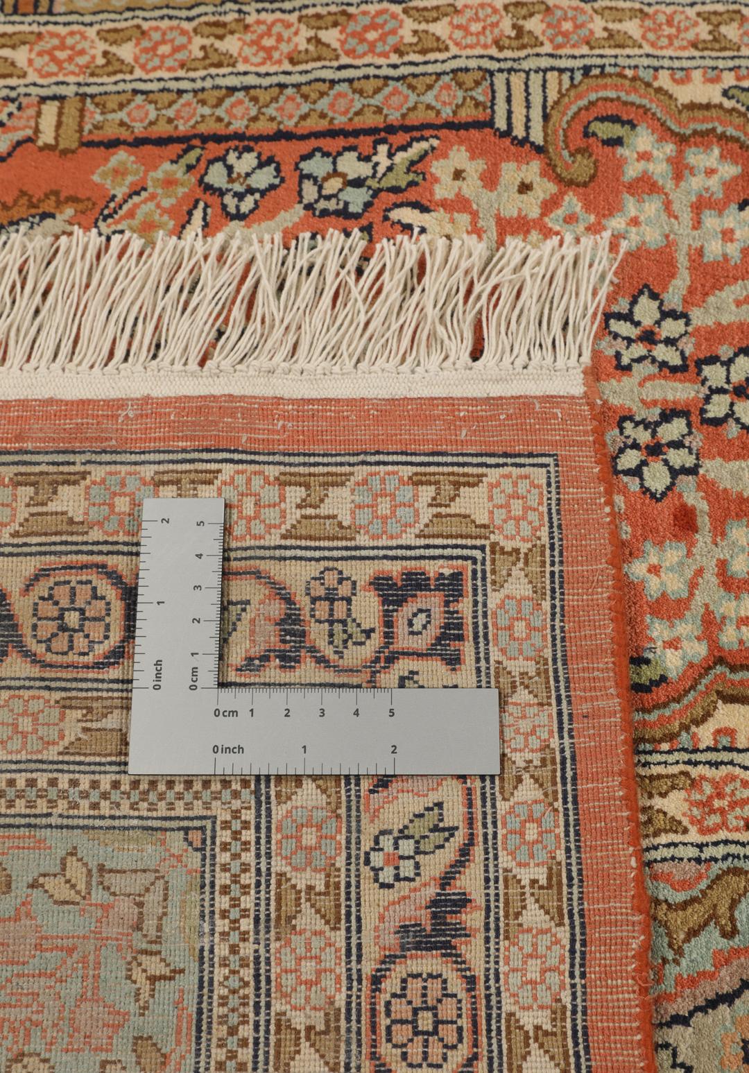 A luxurious hand-knotted Kashmir silk rug from India with an intricate beige garden panel design.