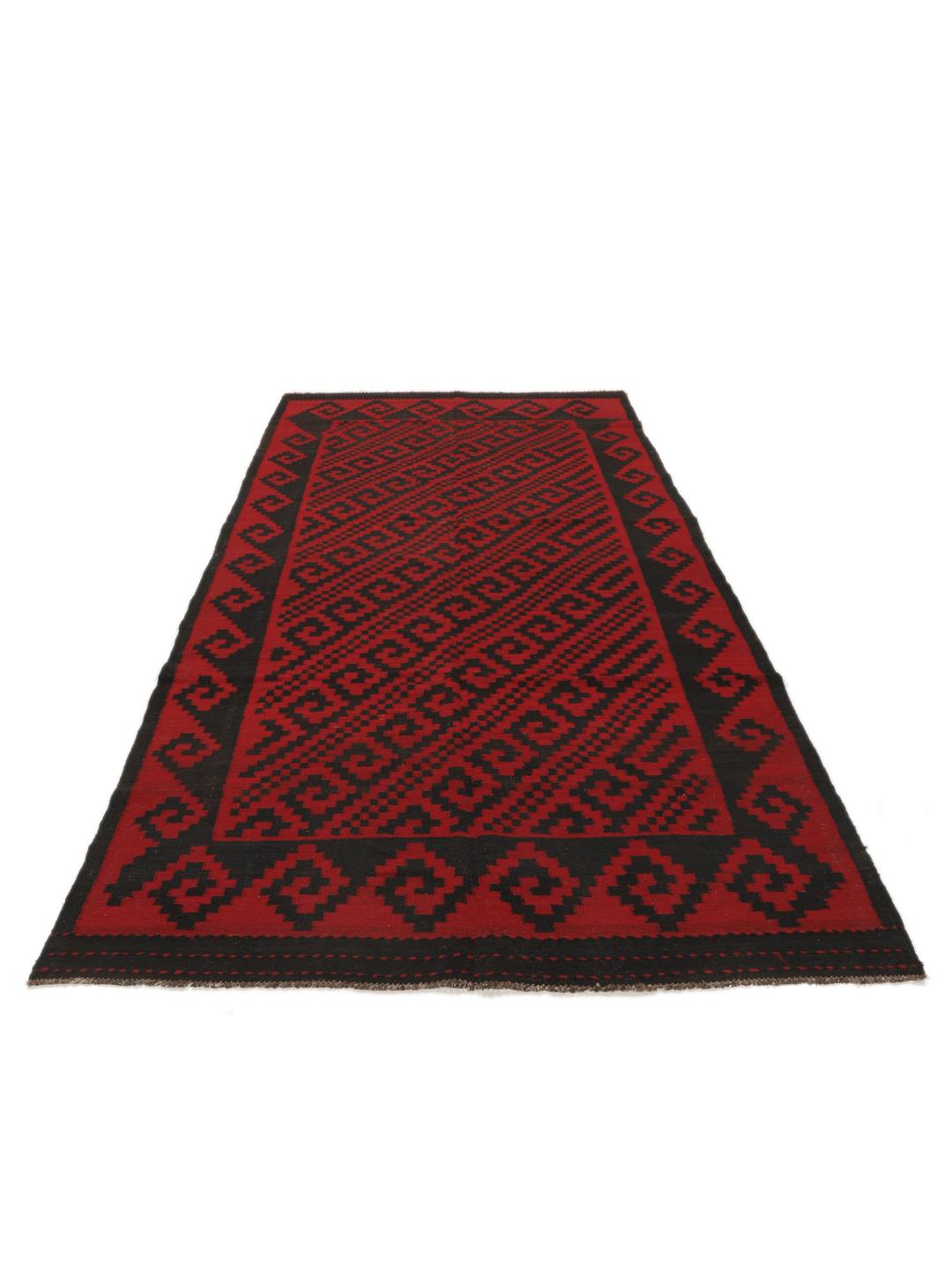 Afghansk vintage kelim-løber med geometriske mønstre i rød og sort