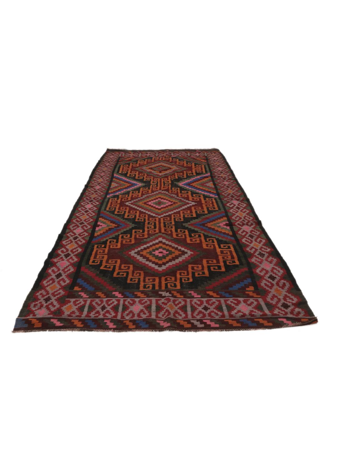 Tapis couloir afghan vintage avec des motifs géométriques en laine multicolore