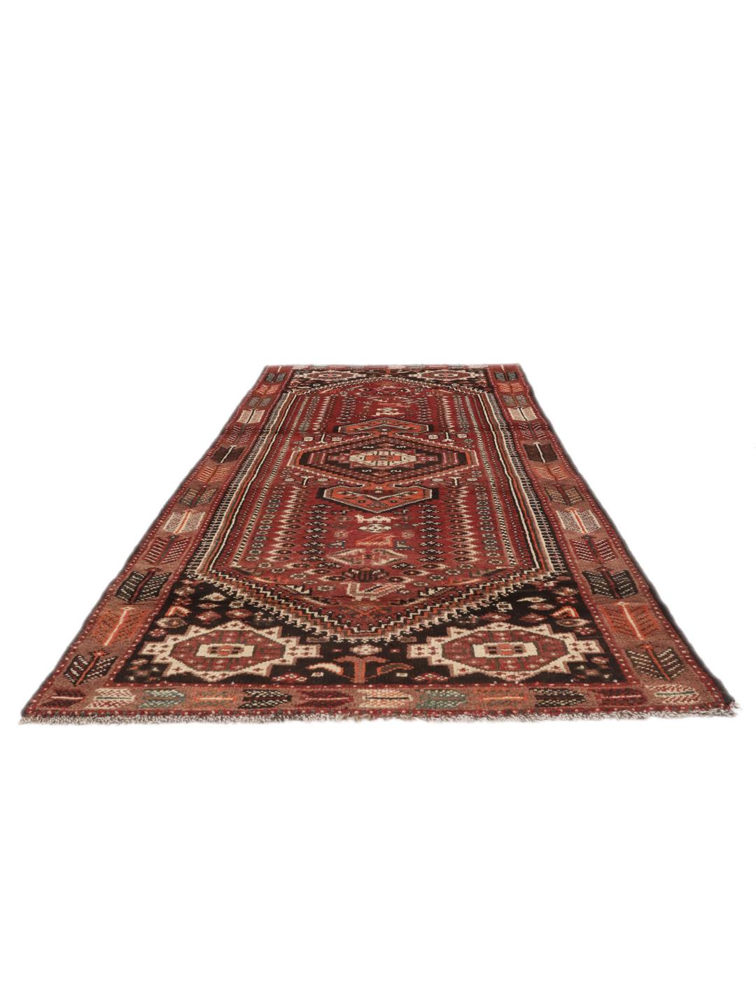 Hand-knotted Middle Eastern Shiraz runner in red and black wool
