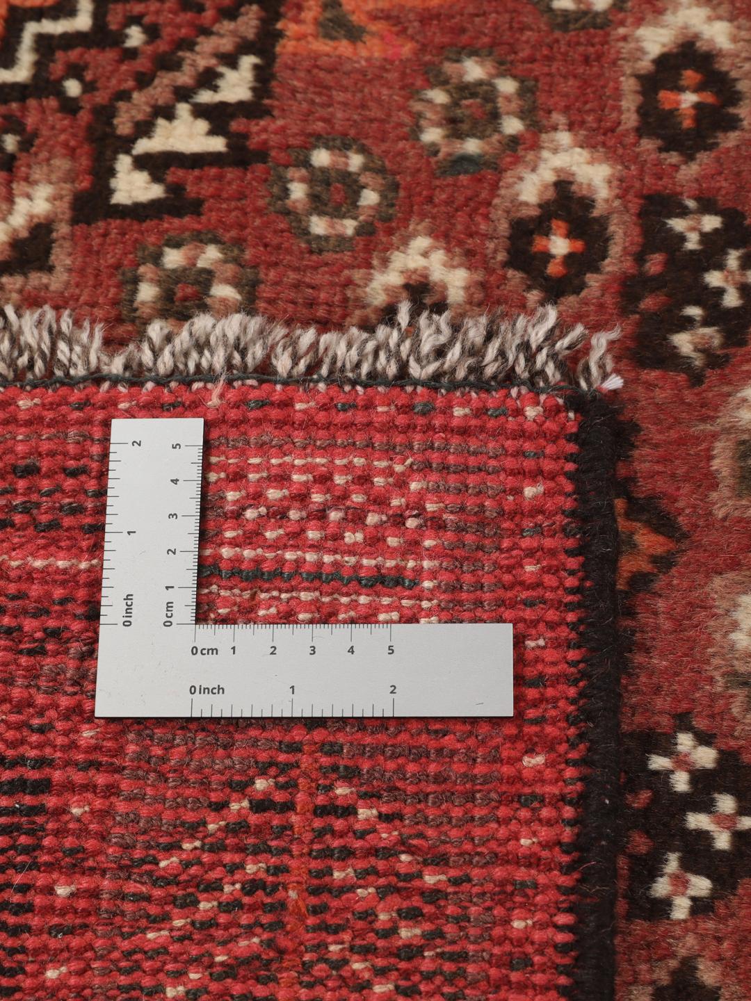 Hand-knotted Middle Eastern Shiraz runner in red and black wool