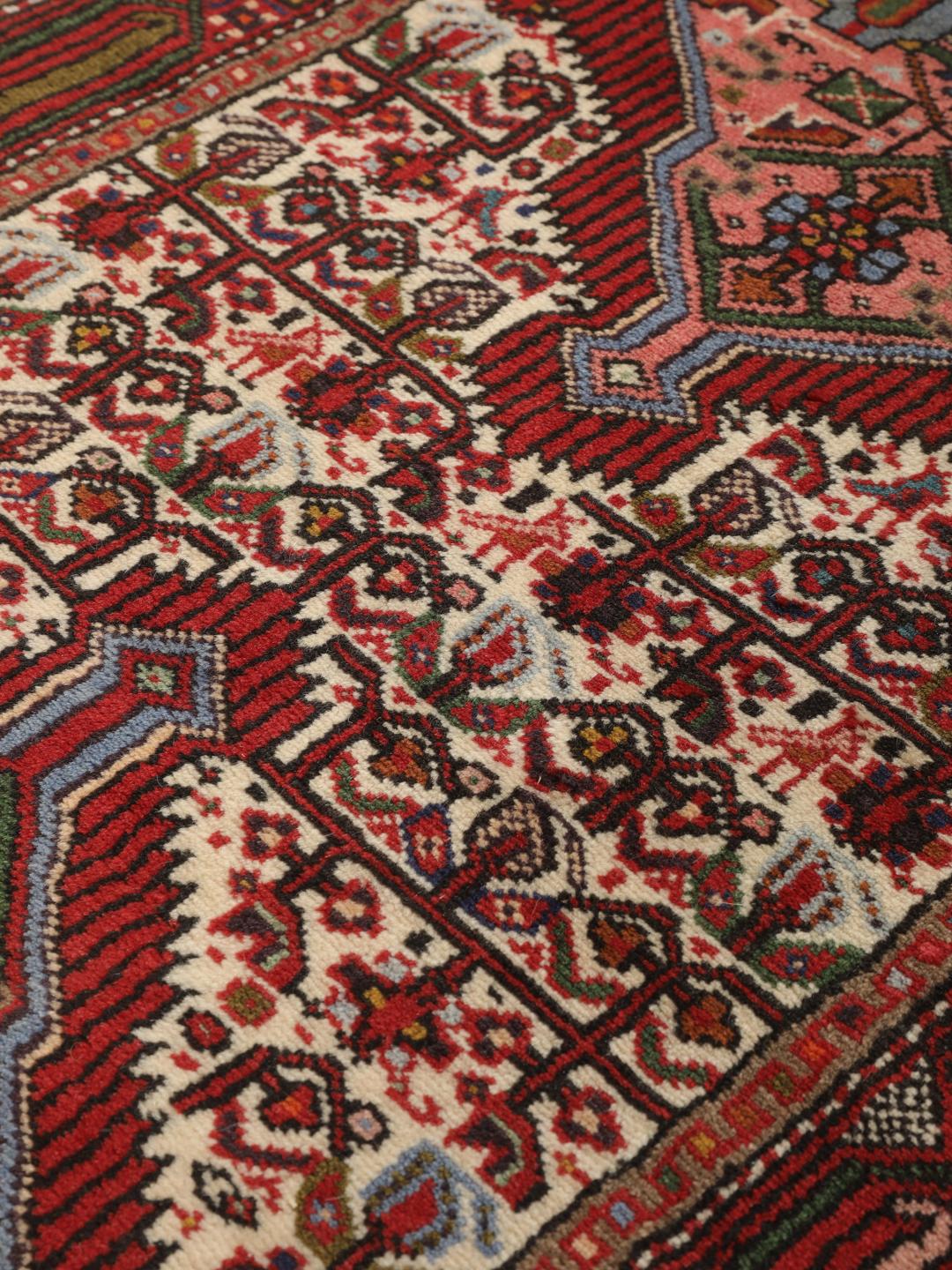 A hand-knotted Hamadan runner with traditional geometric patterns in red and cream.