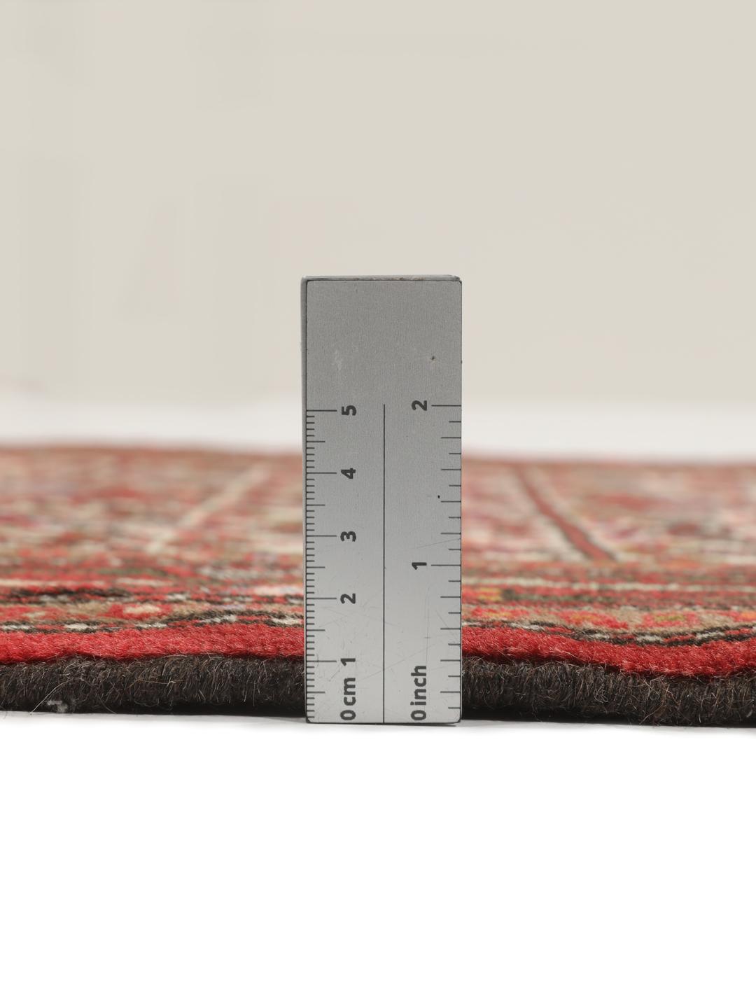 A hand-knotted Hamadan runner with traditional geometric patterns in red and cream.