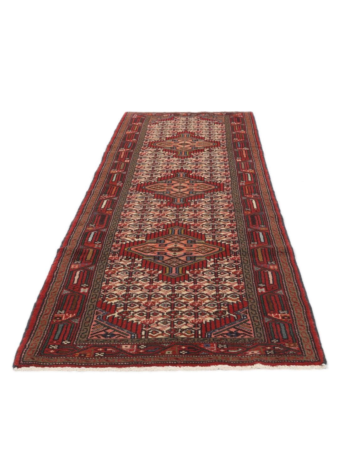 Handgeknoopte Hamadan loper uit het Midden-Oosten in rood- en beige tinten