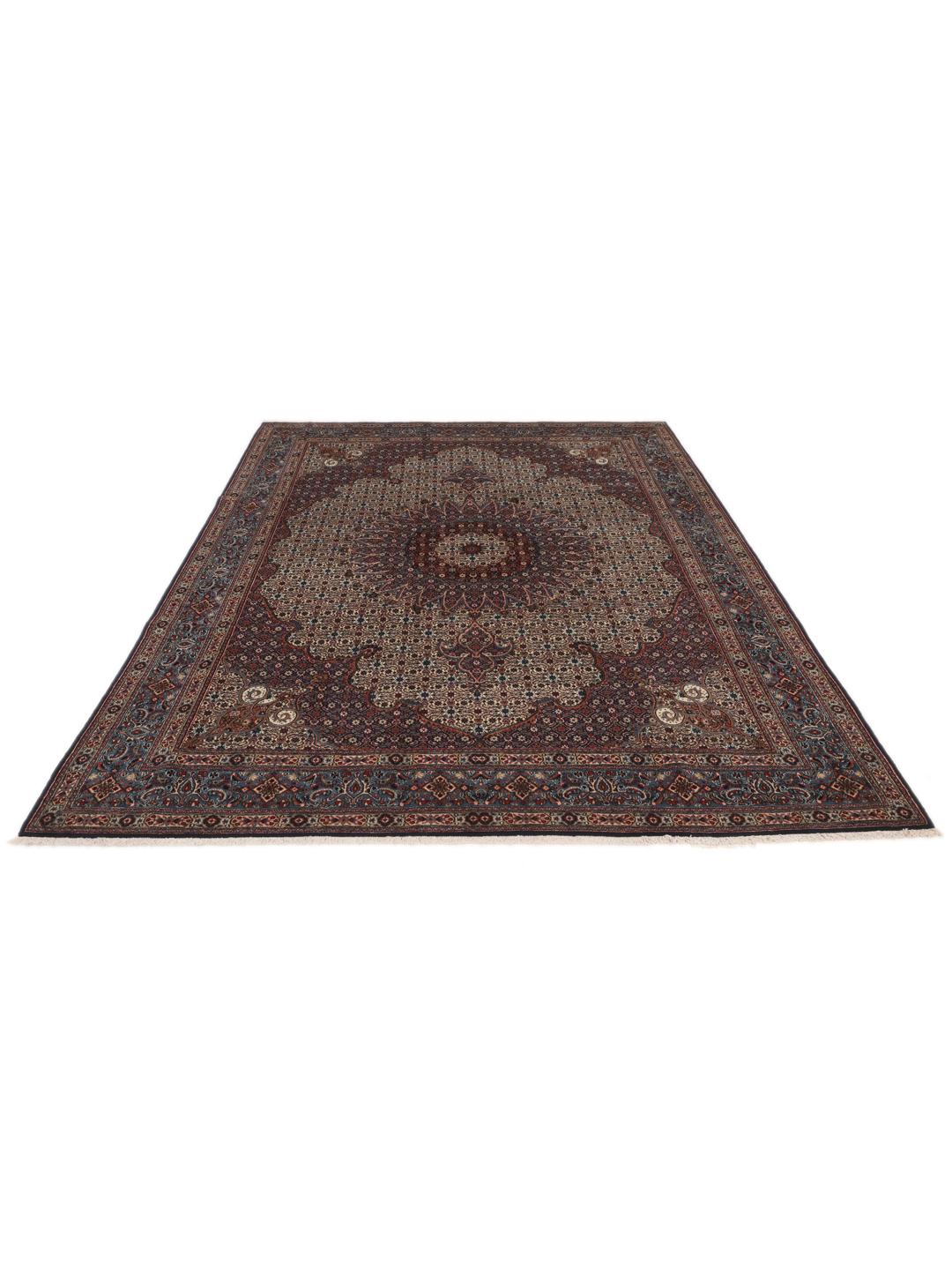 Hand-knotted Moud rug from the Middle East in dark-red and blue