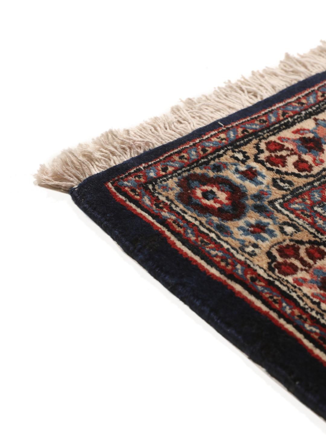 Hand-knotted Moud rug from the Middle East in dark-red and blue