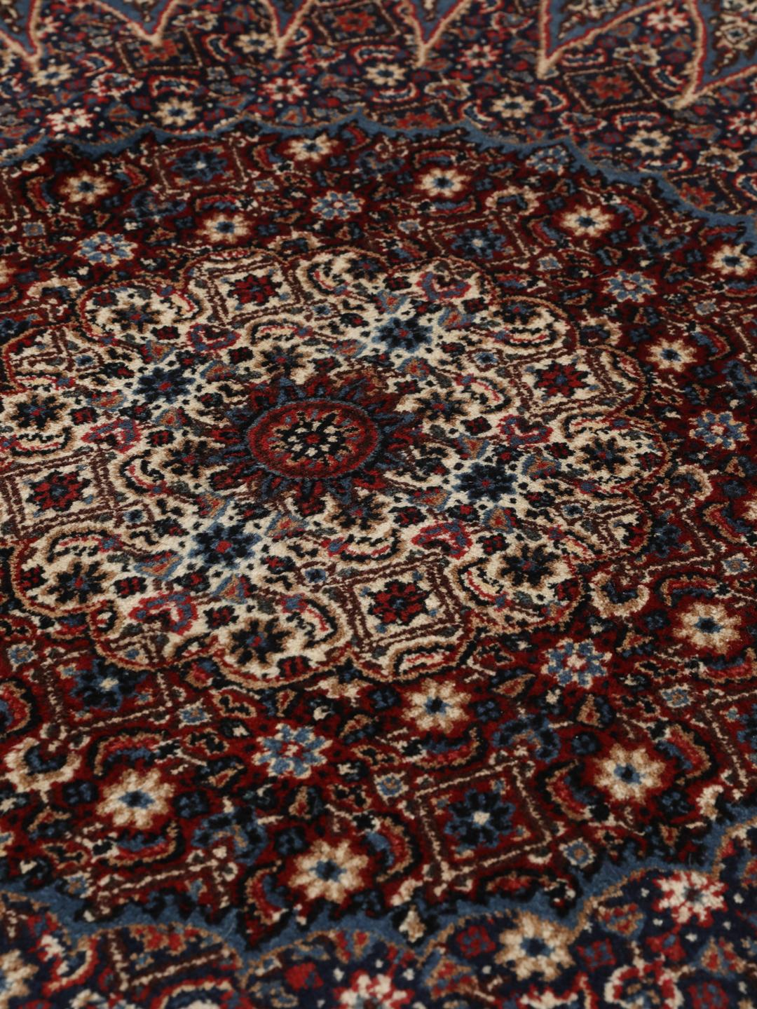 Hand-knotted Moud rug from the Middle East in dark-red and blue