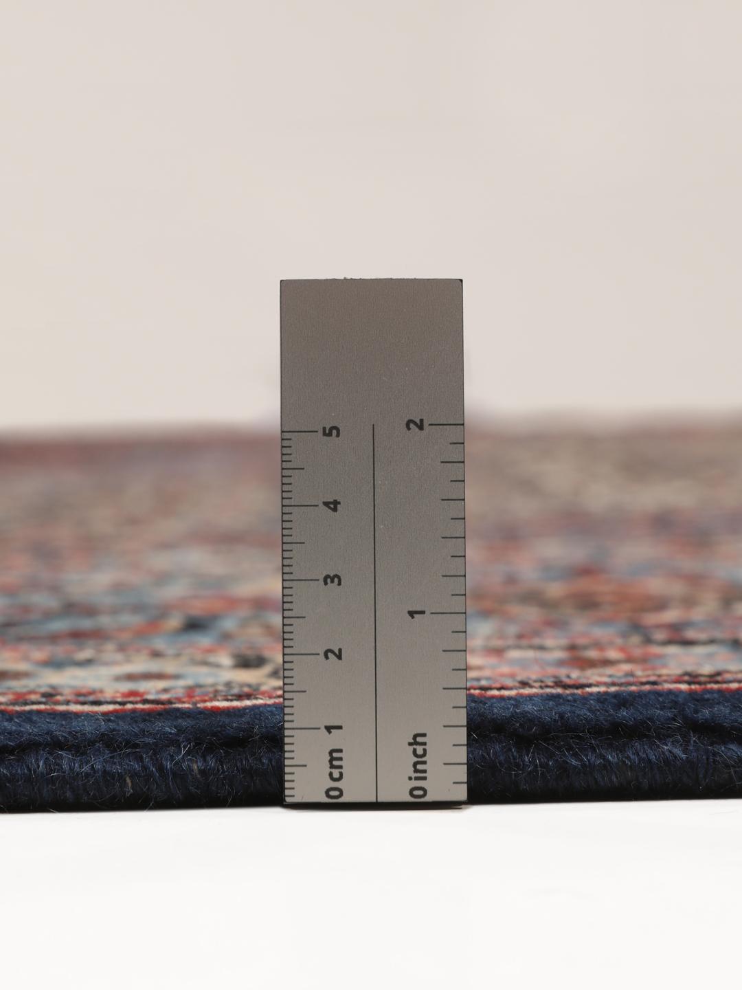 Hand-knotted Moud rug from the Middle East in dark-red and blue
