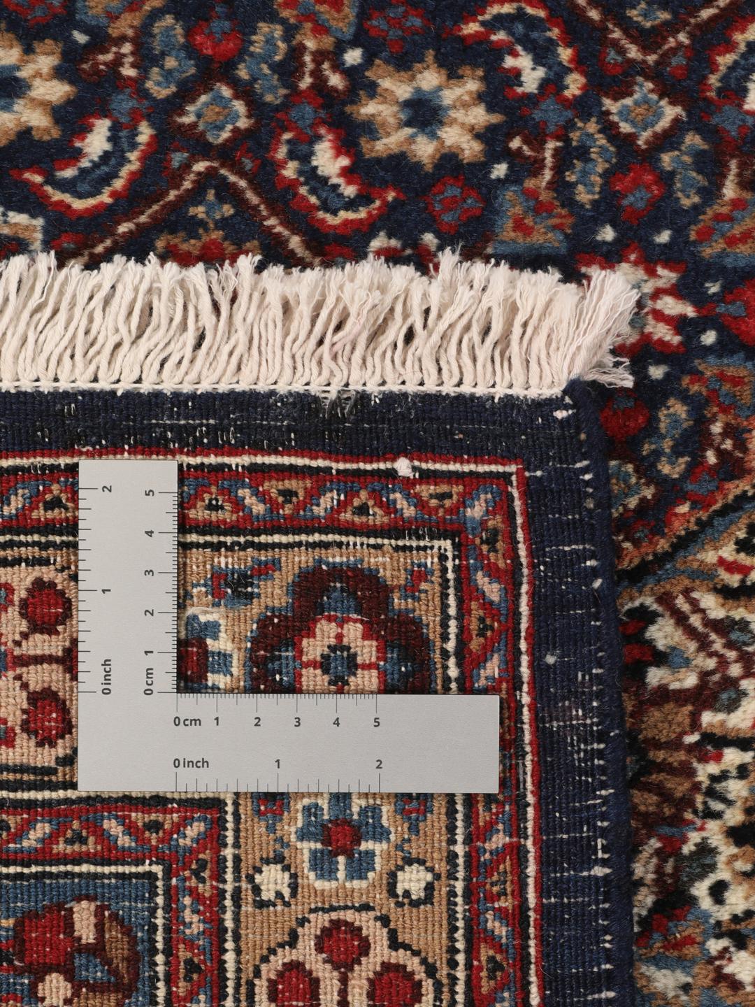 Hand-knotted Moud rug from the Middle East in dark-red and blue