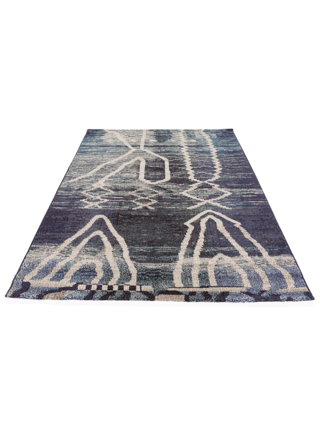 Blauw tapijt met abstracte witte lijnpatronen