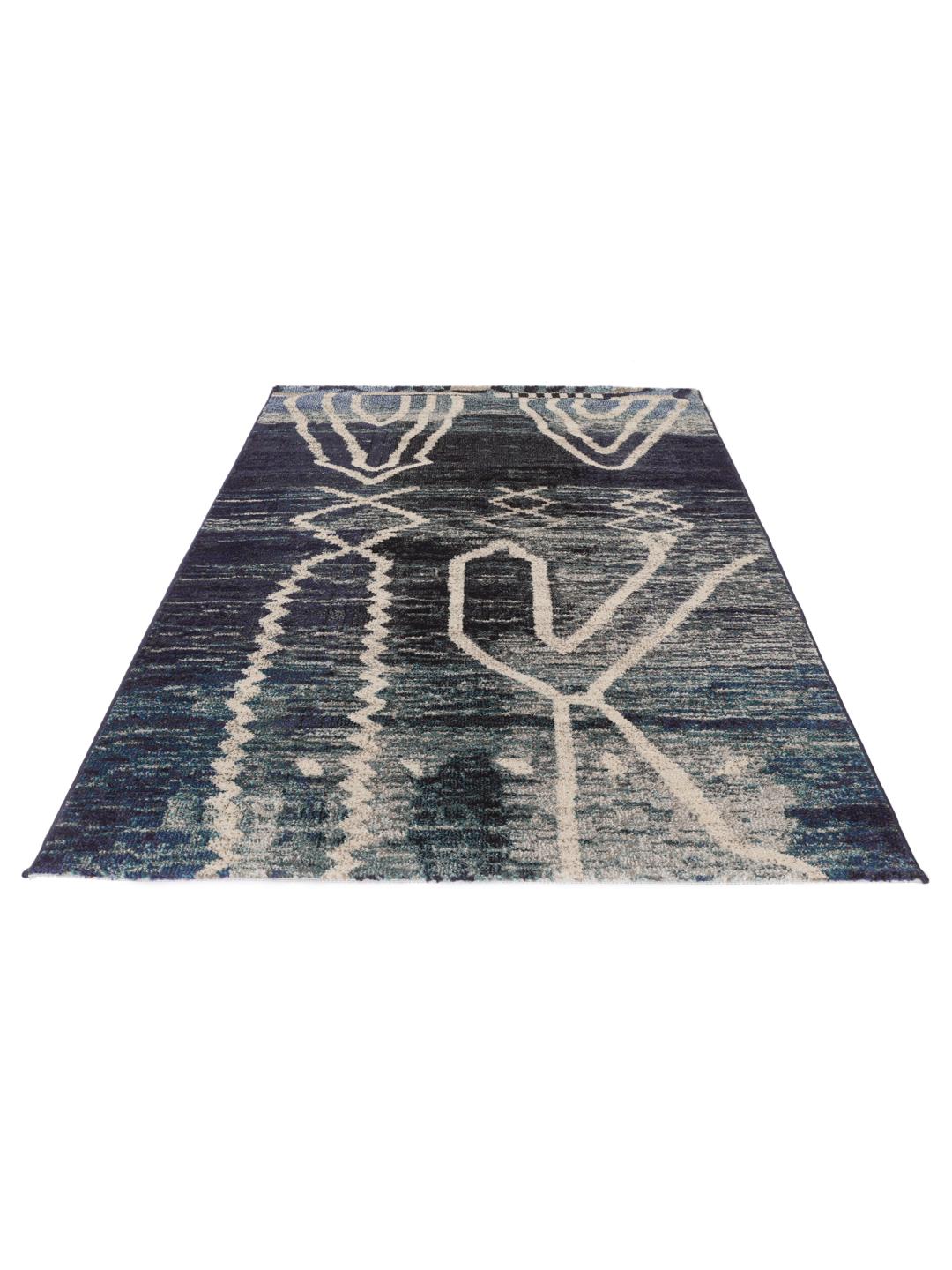 Blauw tapijt met abstracte witte lijnpatronen
