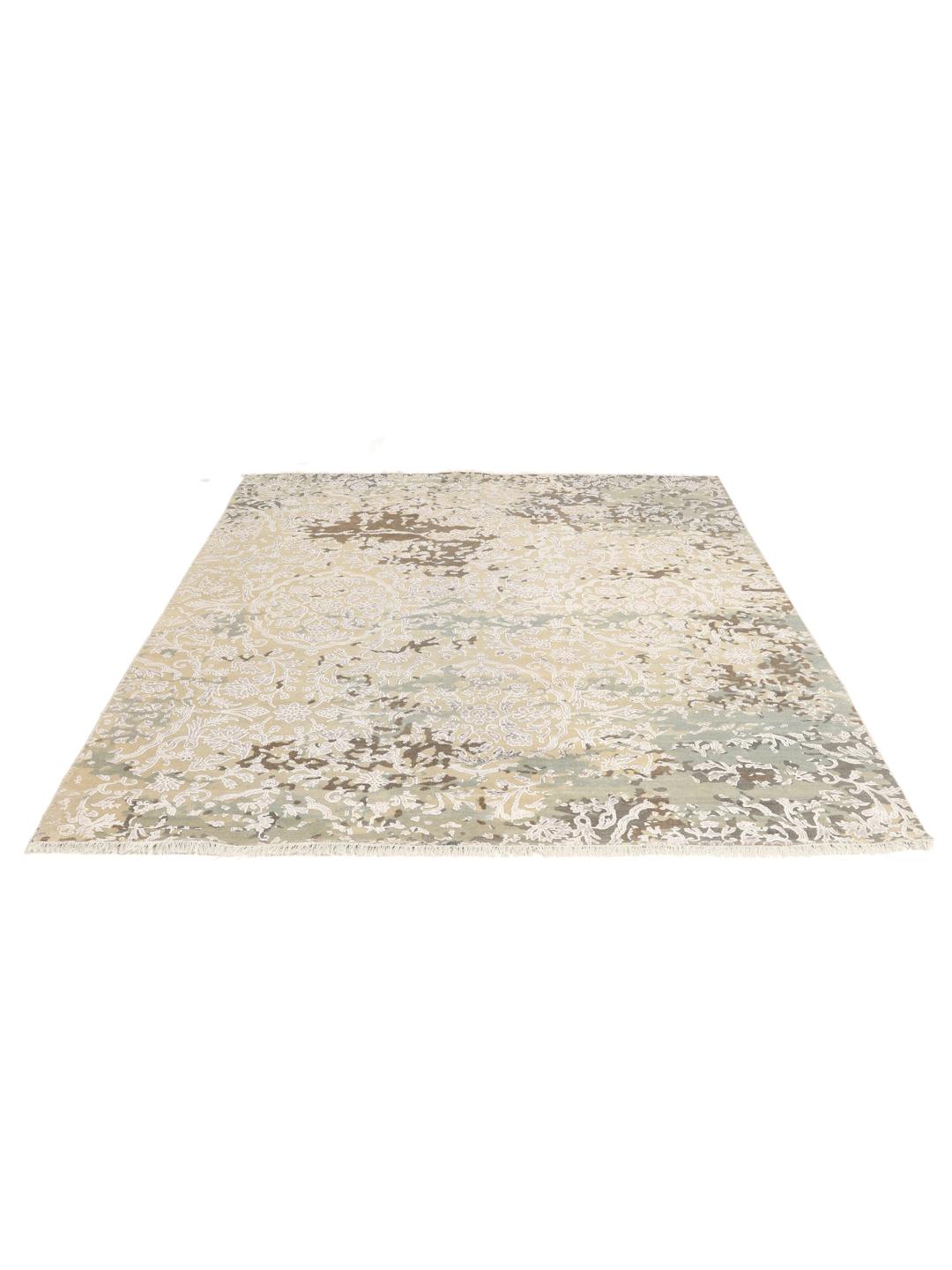 Hedendaags handgeknoopt Wool tapijt uit India in beige en groene tinten