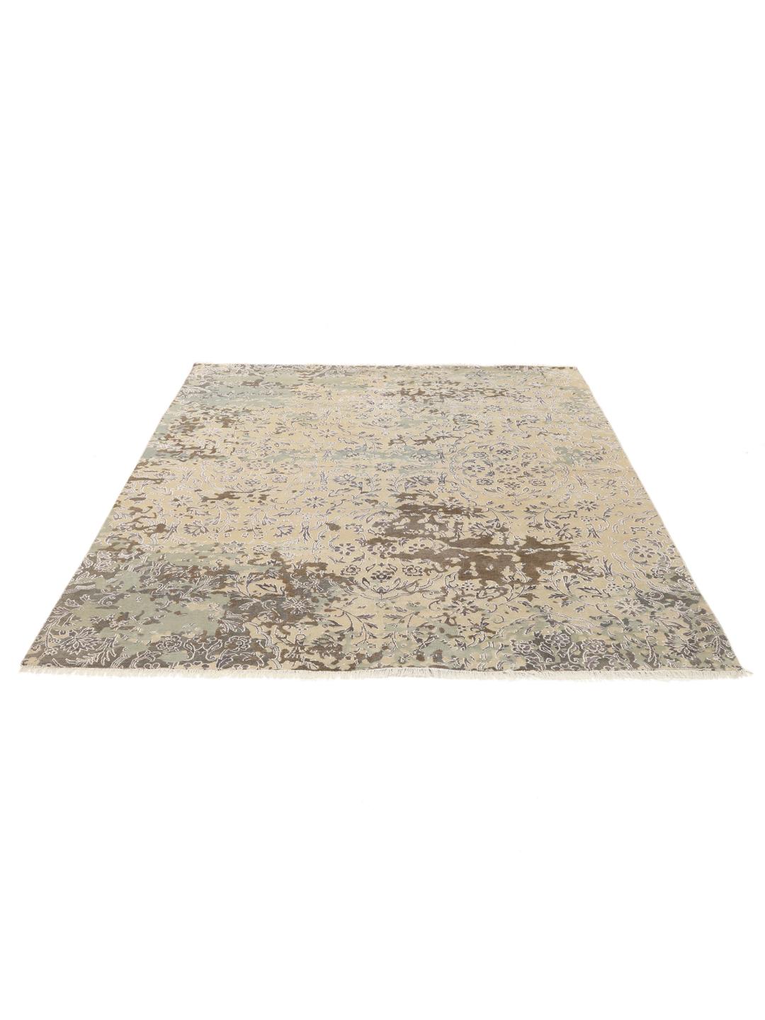 Hedendaags handgeknoopt Wool tapijt uit India in beige en groene tinten