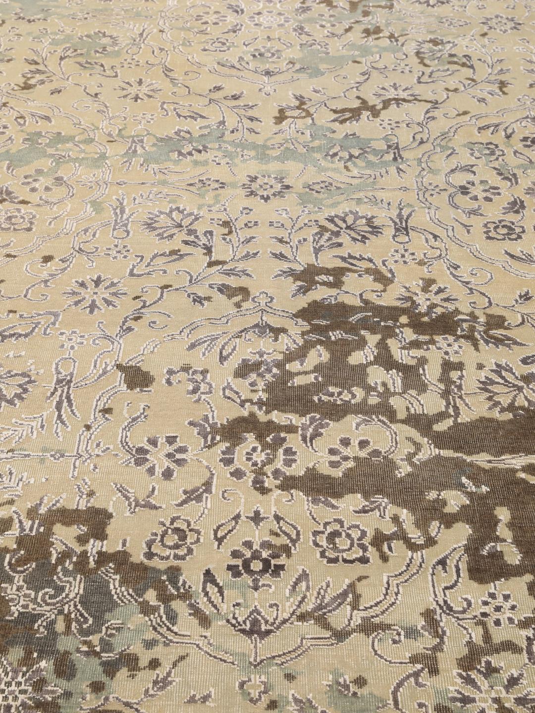 Hedendaags handgeknoopt Wool tapijt uit India in beige en groene tinten