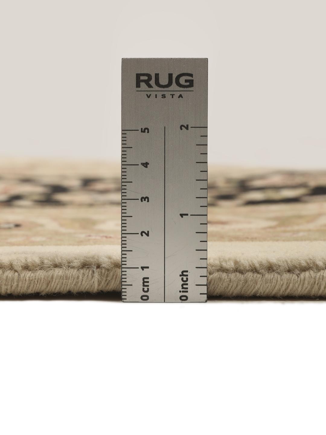 A large, hand-knotted Sarough rug from India featuring an intricate floral design on a beige field with a black border.