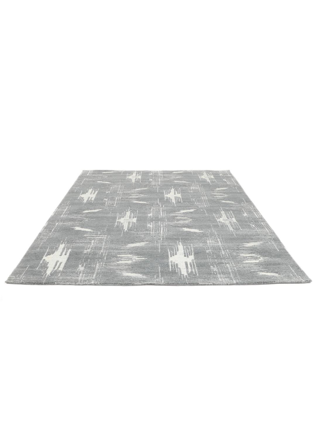 Modern grijs en wit handgeknoopt vloerkleed met geometrisch patroon uit India