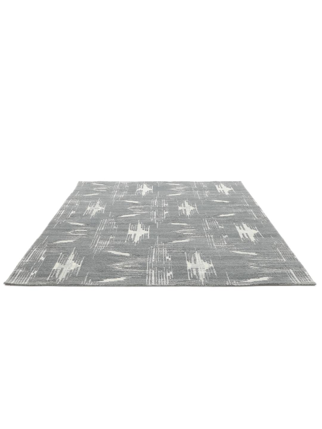 Modern grijs en wit handgeknoopt vloerkleed met geometrisch patroon uit India