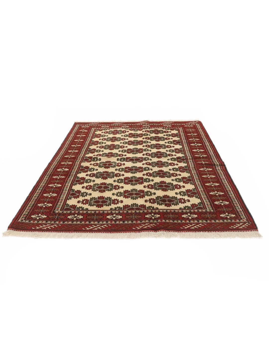 Hand-knotted Turkaman Wool rug from the Middle East in red and cream