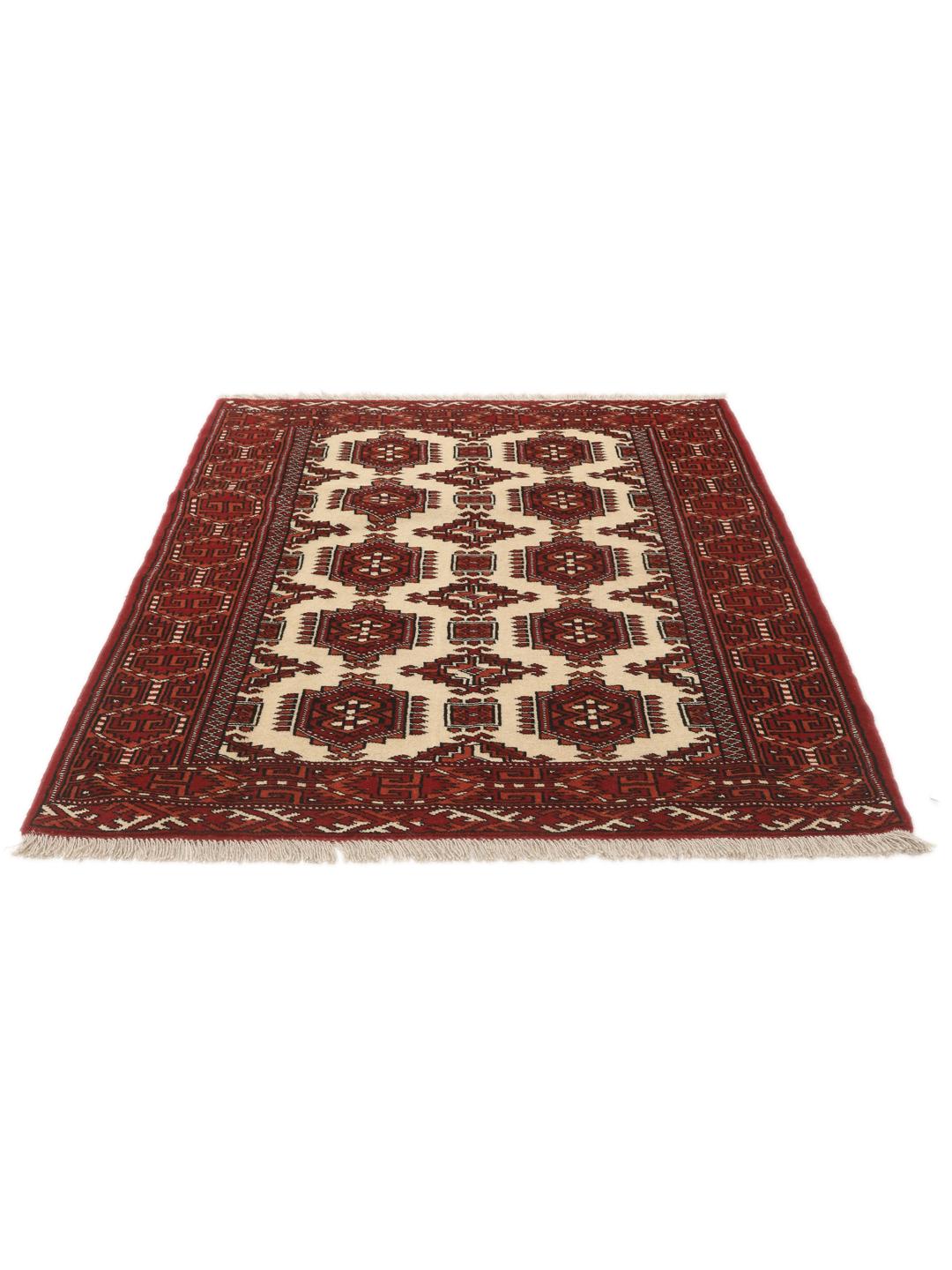 Hand-knotted Middle Eastern Turkaman rug in red and beige tones