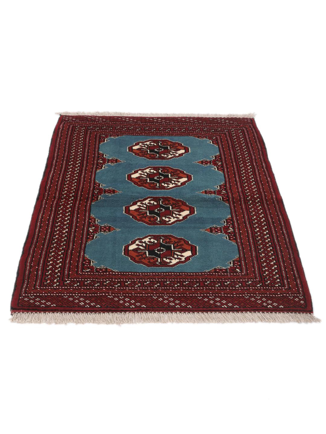 Hand-knotted Turkaman rug from the Middle East in blue and red
