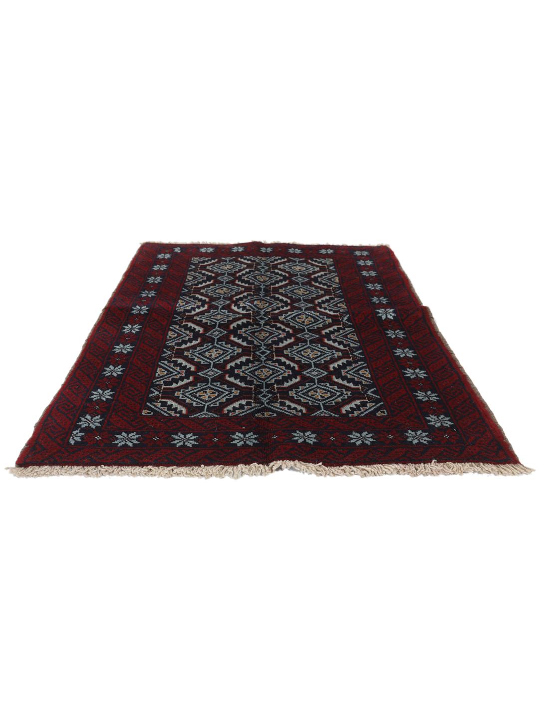 Hand-knotted Baluch rug with geometric motifs in dark-red and black tones.