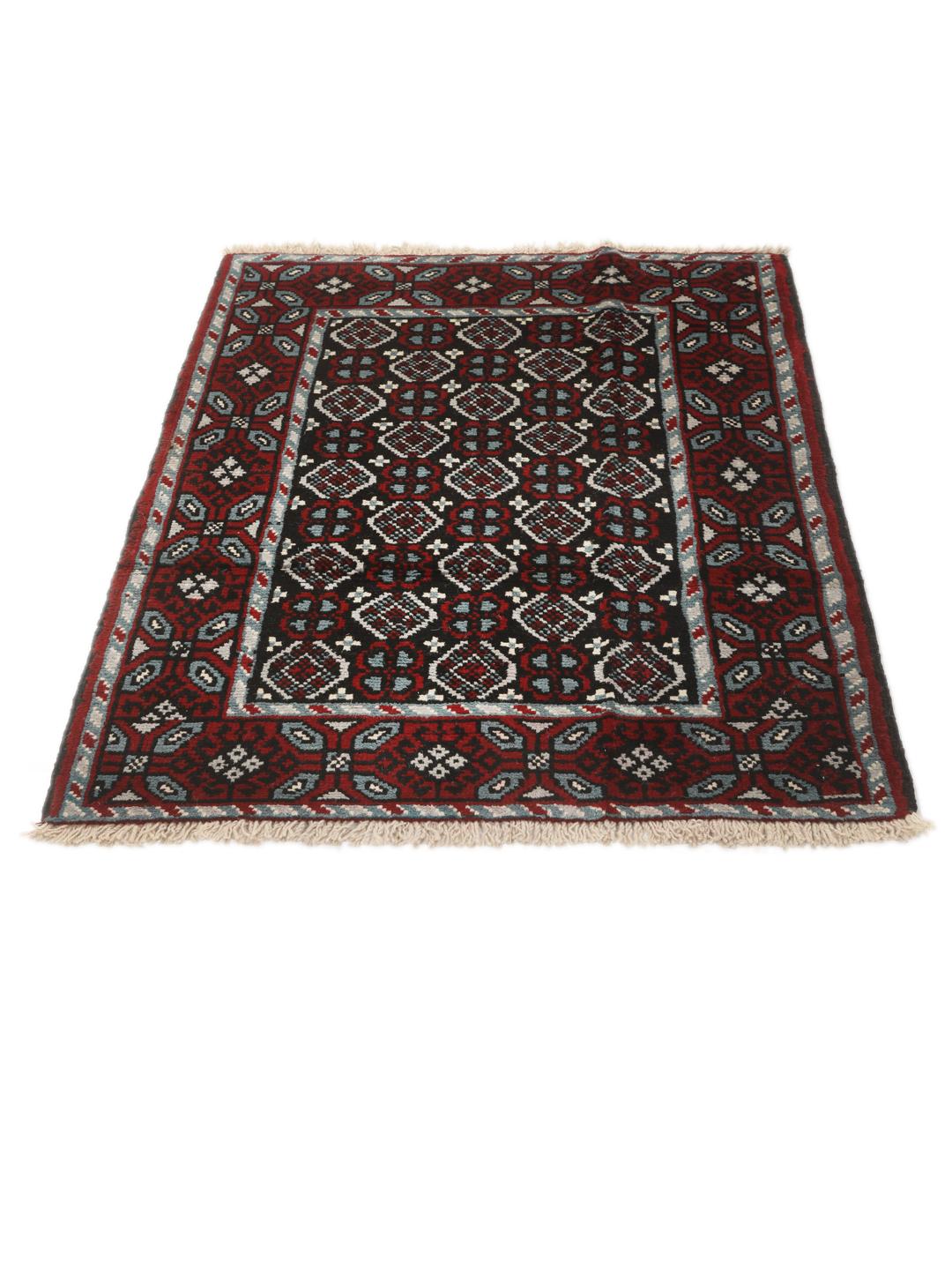 Handgeknoopt Baluch-tapijt uit het Midden-Oosten met een levendig rood en donker geometrisch patroon