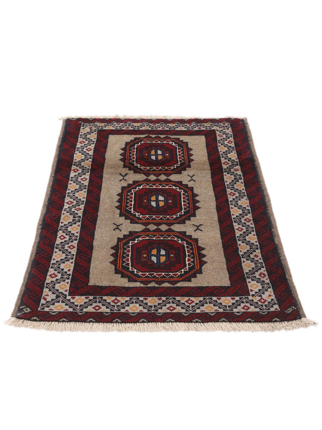 Hand-knotted Middle Eastern Baluch rug in red and beige tones