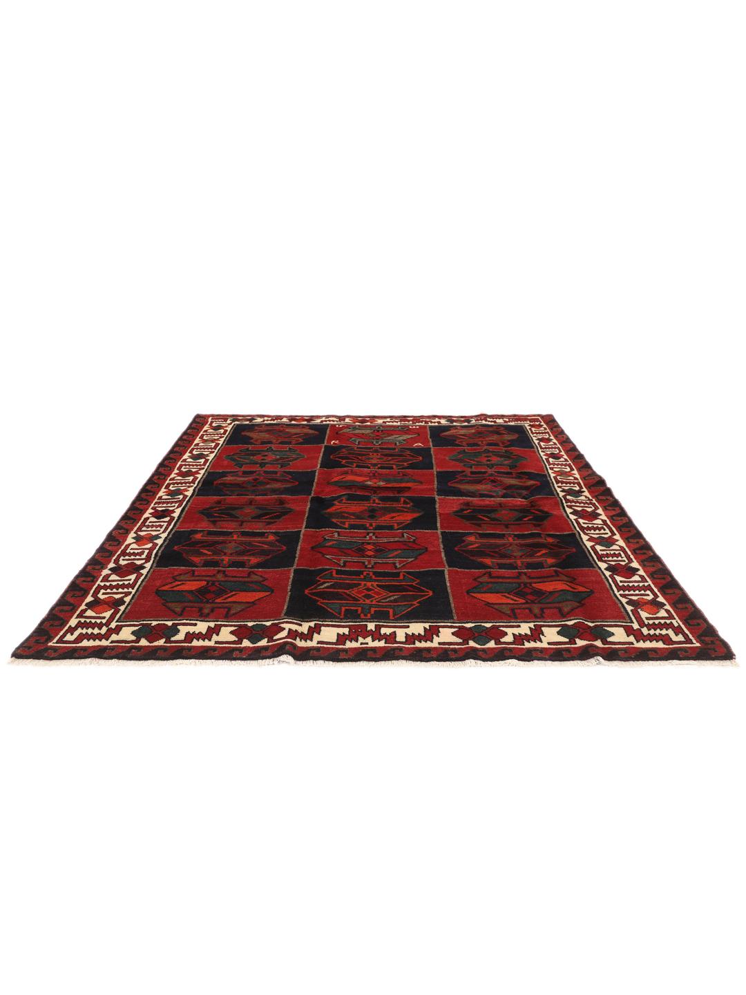 Handgeknoopt Lori-tapijt uit het Midden-Oosten met een donkerrood en donkerblauw geometrisch patroon