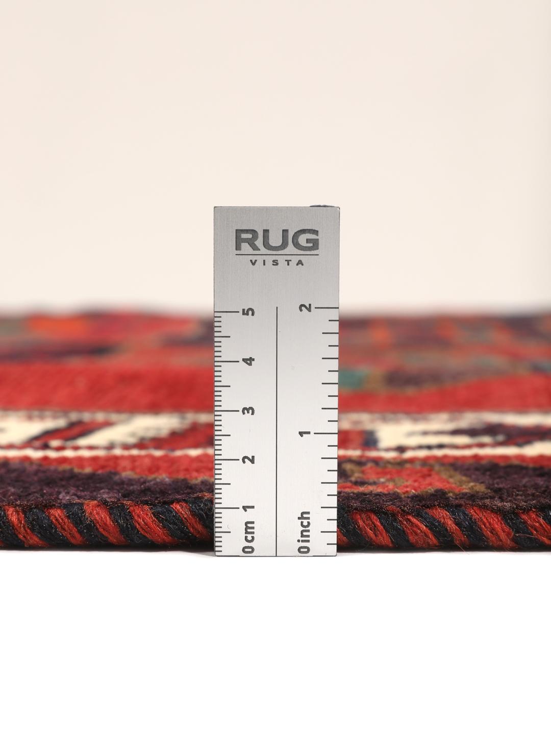 Handgeknoopt Lori-tapijt uit het Midden-Oosten met een donkerrood en donkerblauw geometrisch patroon
