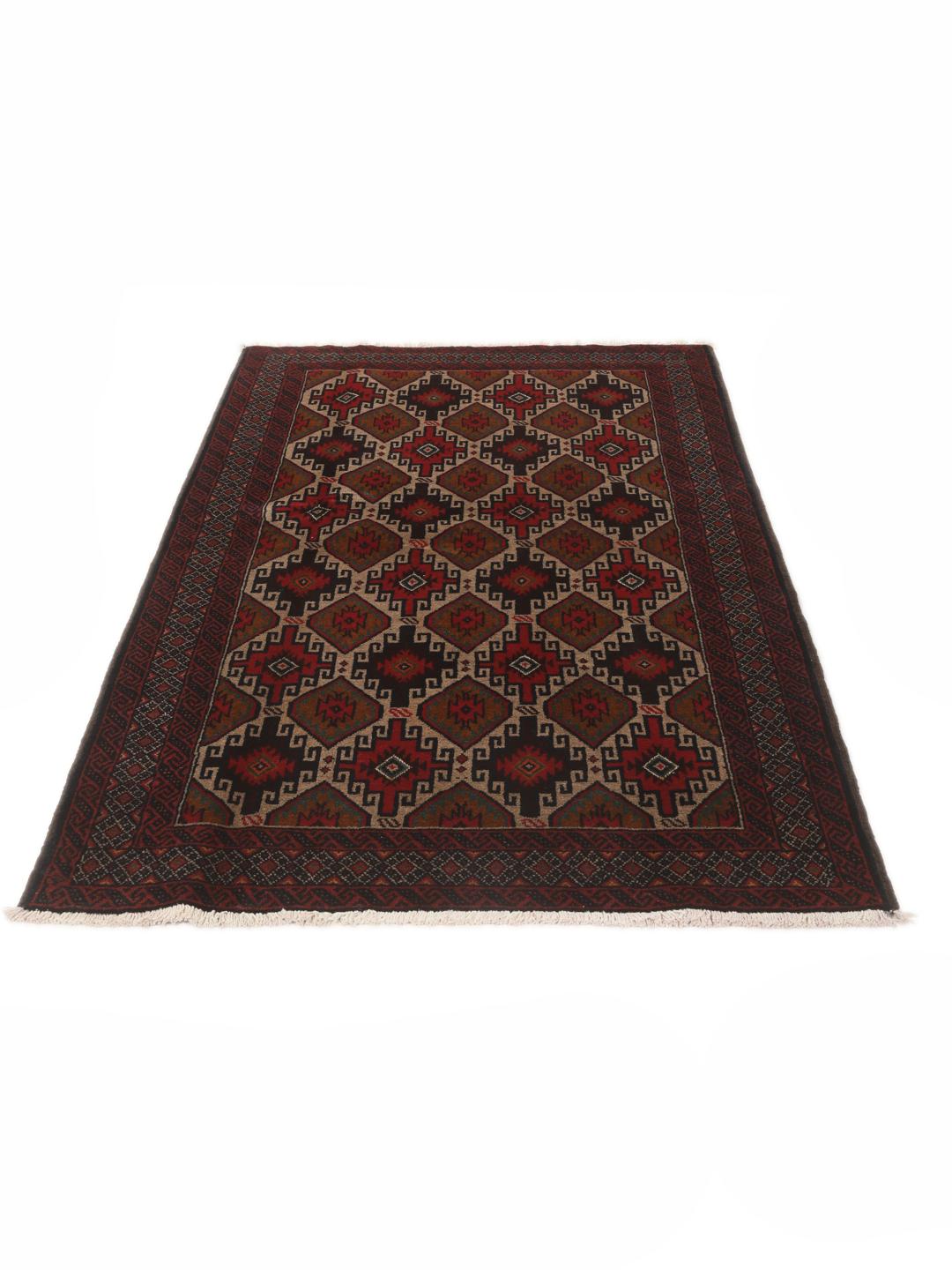 Hand-knotted Baluch rug from the Middle East in deep red and black tones