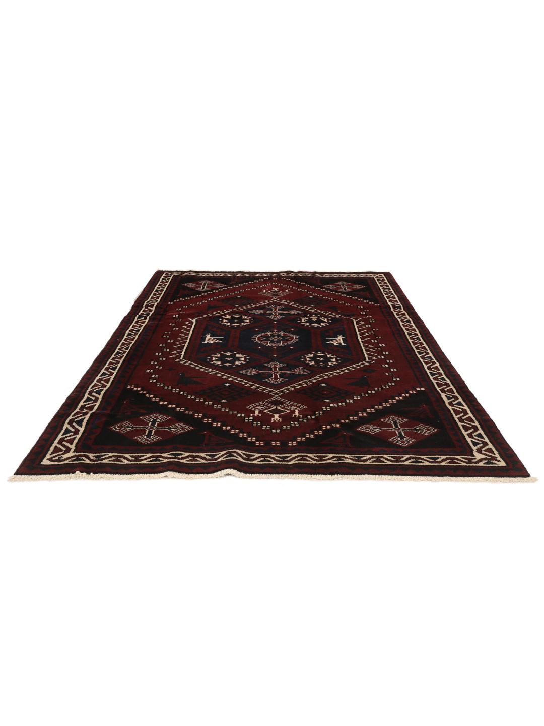 A hand-knotted Lori rug from the Middle East featuring a dark-red and black geometric pattern.